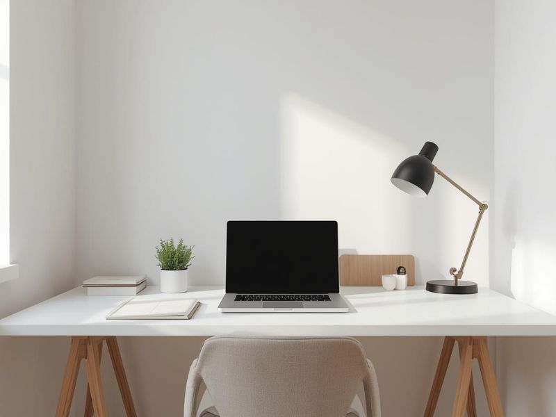 Minimalistički radni prostor sa čistim stolom, laptopom, radnom lampom i jednom biljkom, bez viška predmeta, u svetlom i mirnom enterijeru.