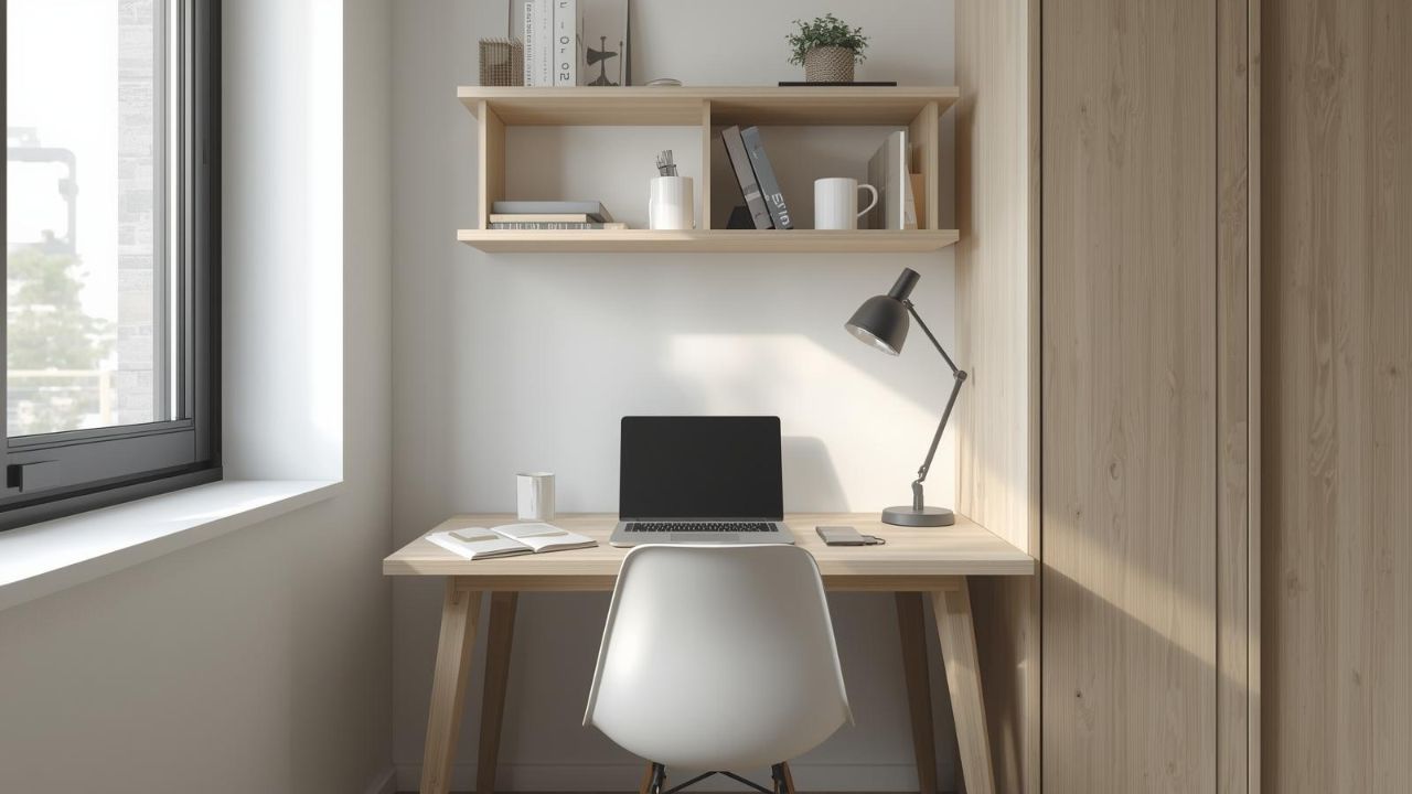 Minimalistički radni prostor u malom stanu sa svetlim drvenim stolom, laptopom, zidnim policama i prirodnim svetlom pored prozora.