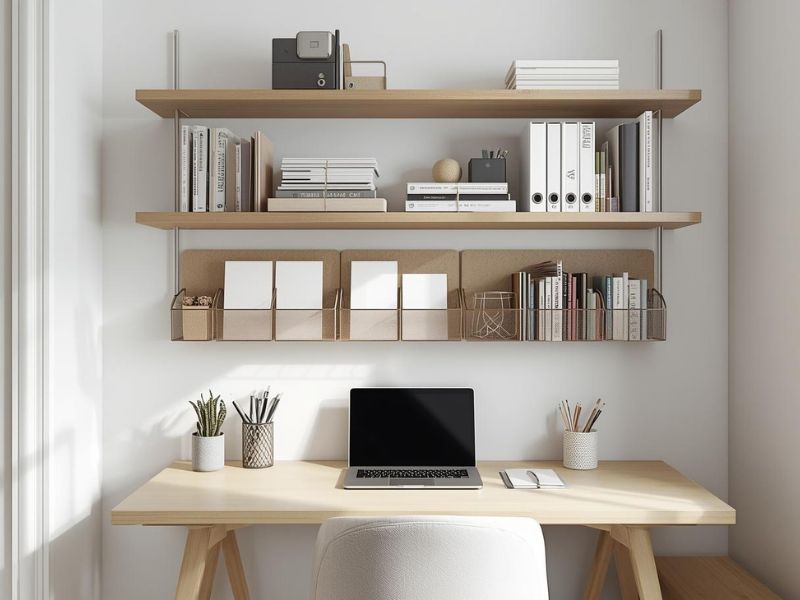 Radni prostor sa policama iznad stola, zidni organizatori i viseći sistemi za dokumenta, čist i pregledan sto sa laptopom u svetlom enterijeru.