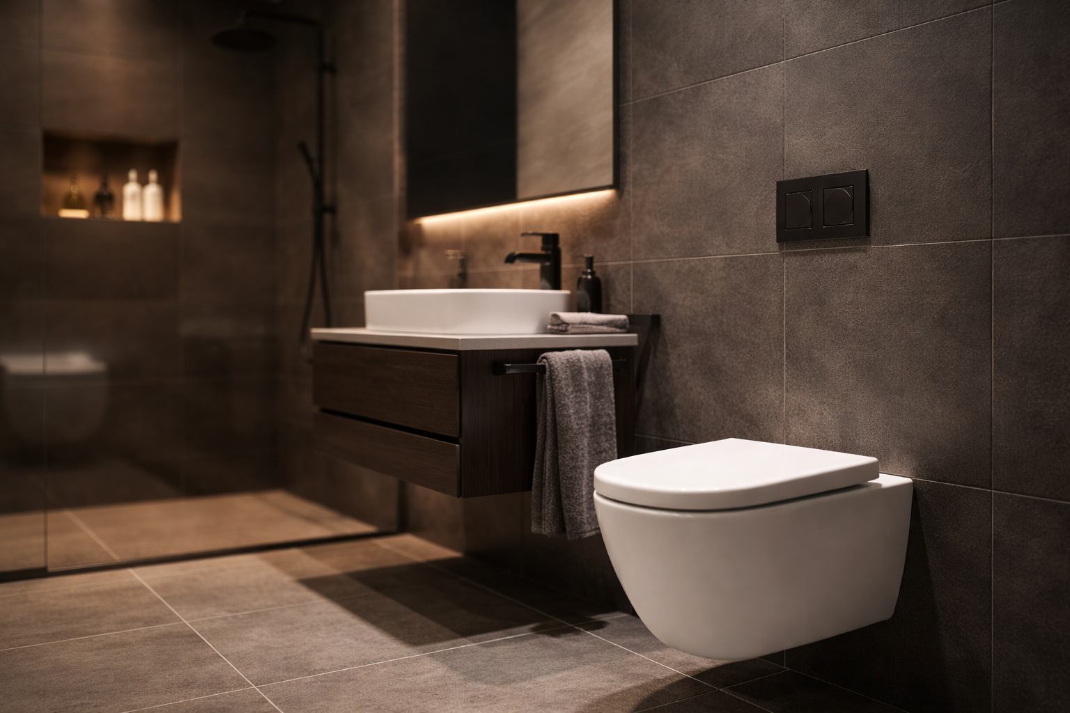 Vc solja i lavabo raspoedjeni u malom kupatilu