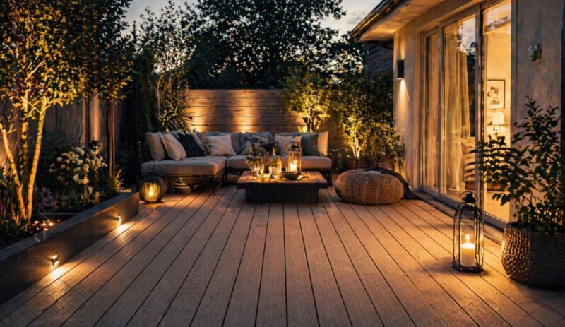 Terasa sa drvenim decking pločama i toplom ambijentalnom rasvetom, ugaona garnitura i dekorativne lampe u večernjem ambijentu