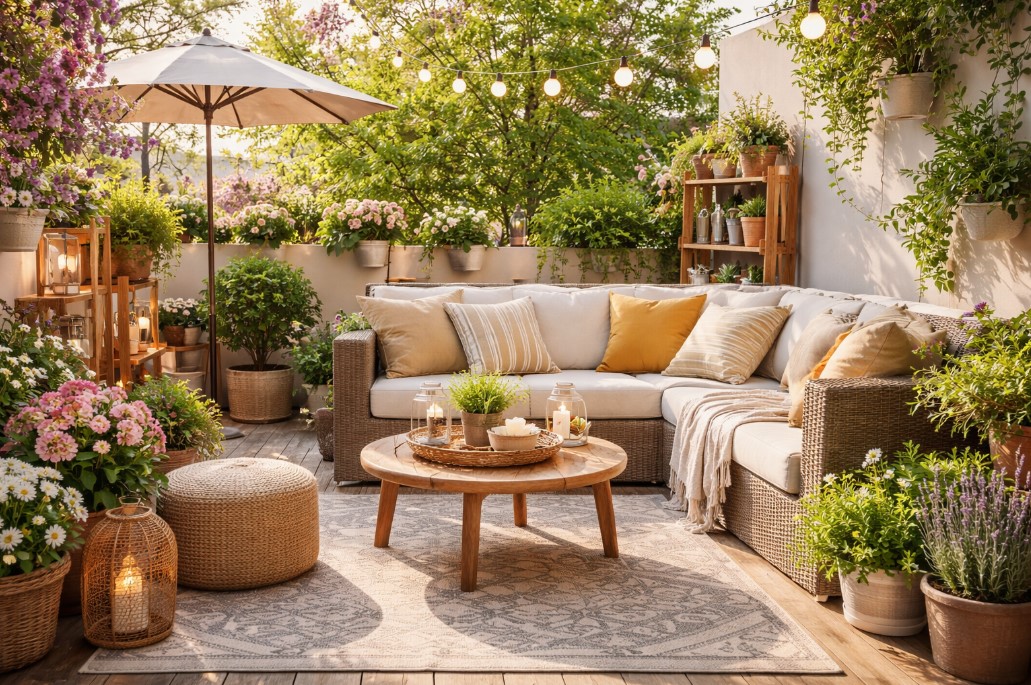 Svetla prolećna terasa sa udobnom garniturom, drvenim stolom, cvećem u saksijama i dekorativnim svetlima