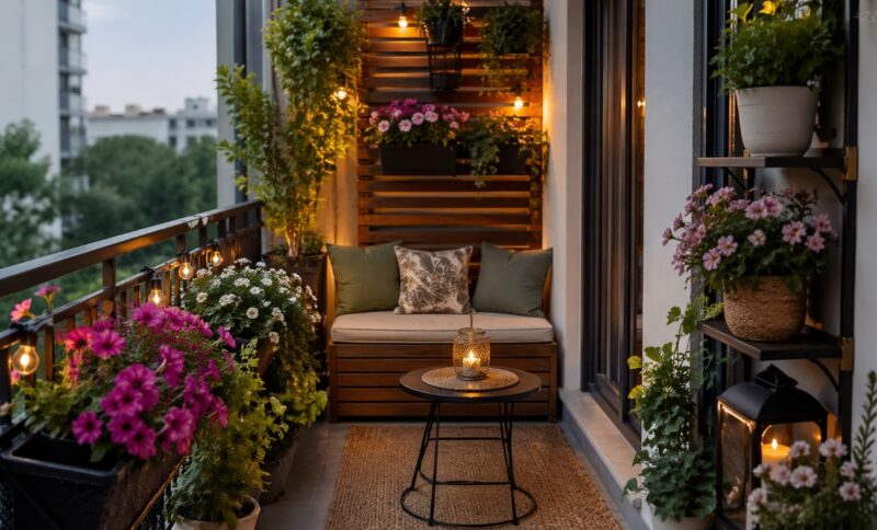 Uska terasa sa klupom, policama i saksijama sa cvećem raspoređenim po visini, uz dekorativnu rasvetu