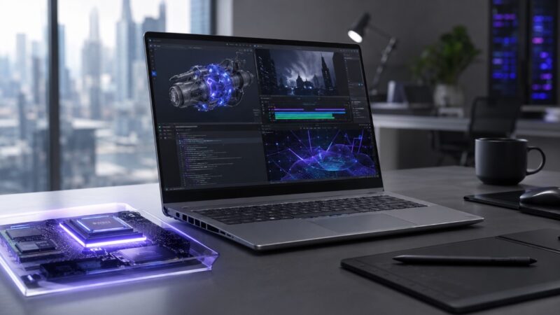 Moderan poslovni laptop sa prikazom 3D modelovanja, video montaže i tehničkih grafika na ekranu