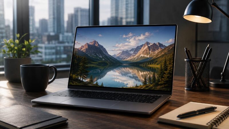 Moderan laptop na radnom stolu prikazuje jasnu i živopisnu sliku, uz poslovno okruženje koje naglašava kvalitet ekrana.