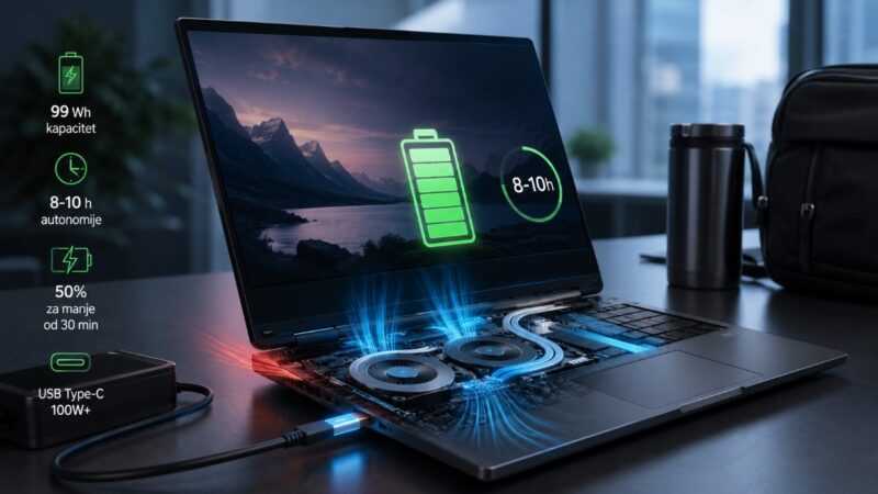 Moderan poslovni laptop sa prikazom baterije, USB C punjenja i naprednog sistema hlađenja sa ventilatorima